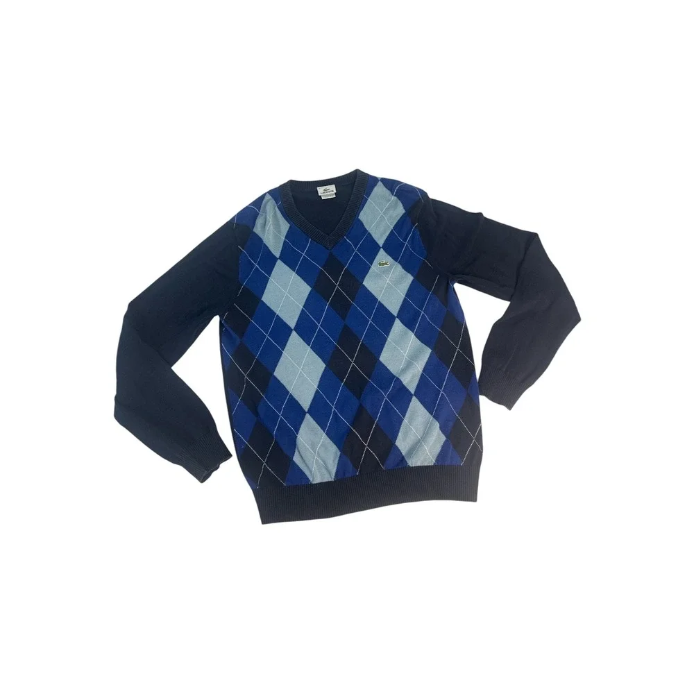 Lacoste Argyle V-Neck Cotton Sweater Sz 4 M Navy Blue Preppy Collegiate